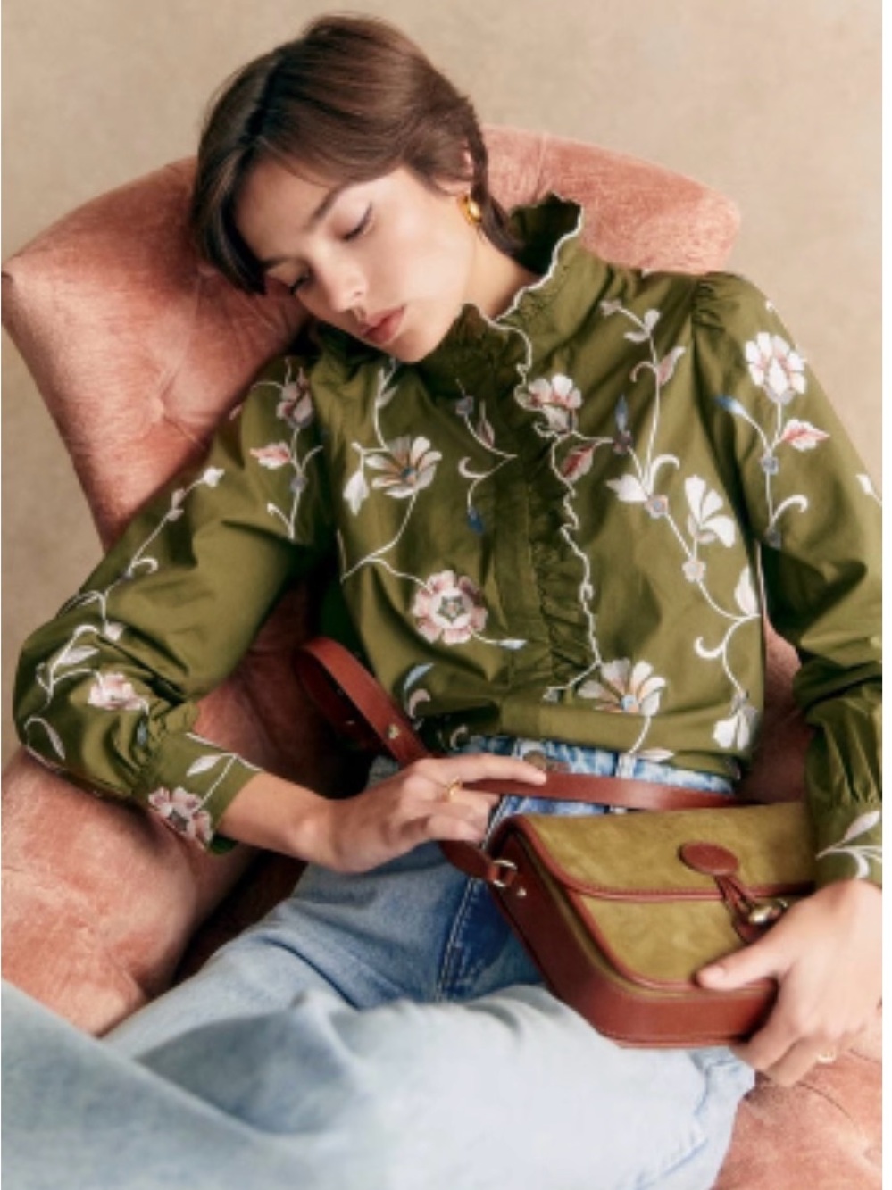 Sezane Coline Blouse in Multi-colored Flower on Khaki - Picture 3 of 11